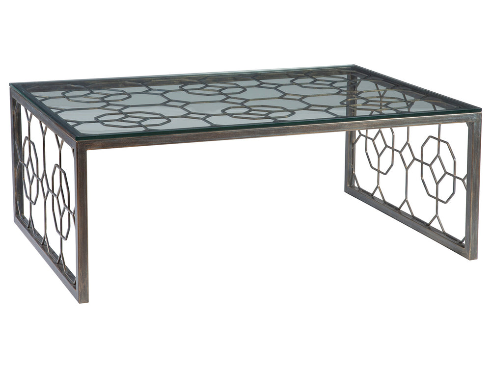 Lexington Artistica Home Honeycomb Rectangular Cocktail Table - Hand-forged Iron Base & Beveled Glass Top For Modern Elegance St. Laurent Wood 2056-945-44