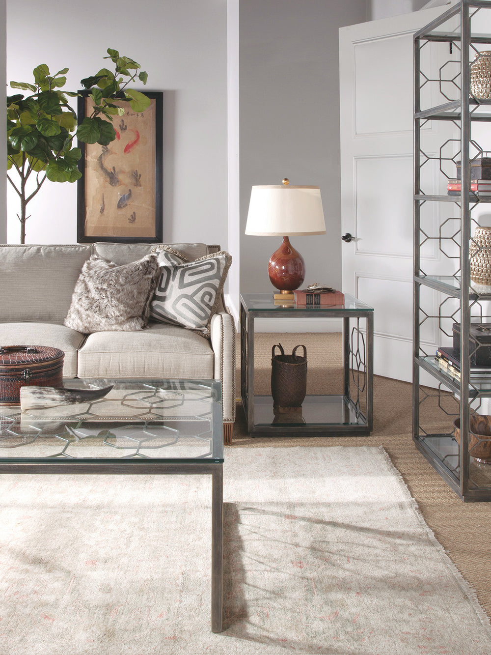 Lexington Artistica Home Honeycomb Rectangular Cocktail Table - Hand-forged Iron Base & Beveled Glass Top For Modern Elegance St. Laurent Wood 2056-945-44