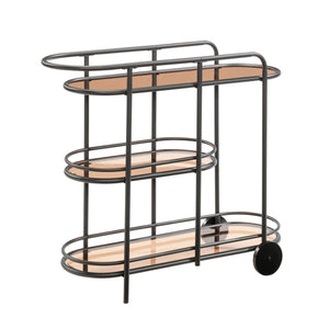 English Elm Bar Cart Black finish with Amber Tempered Glass Shelves, Powder-Coated Metal Frame, Casters for Small Spaces B356P354498