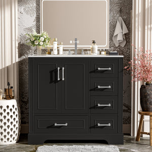 English Elm 36" Traditional Bathroom Vanity with Ceramic Sink, Solid Wood Cabinet, Soft-Close Doors & Drawers Black N729P251630B