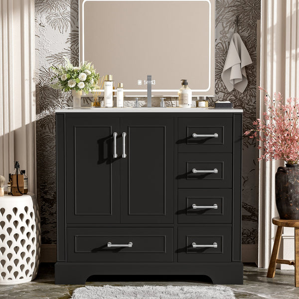 English Elm 36" Traditional Bathroom Vanity with Ceramic Sink, Solid Wood Cabinet, Soft-Close Doors & Drawers Black N729P251630B