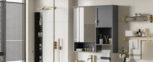 English Elm 29'' Wall Mounted Bathroom Cabinet with Mirror Towel Bar and Adjustable Shelving N710P209440E