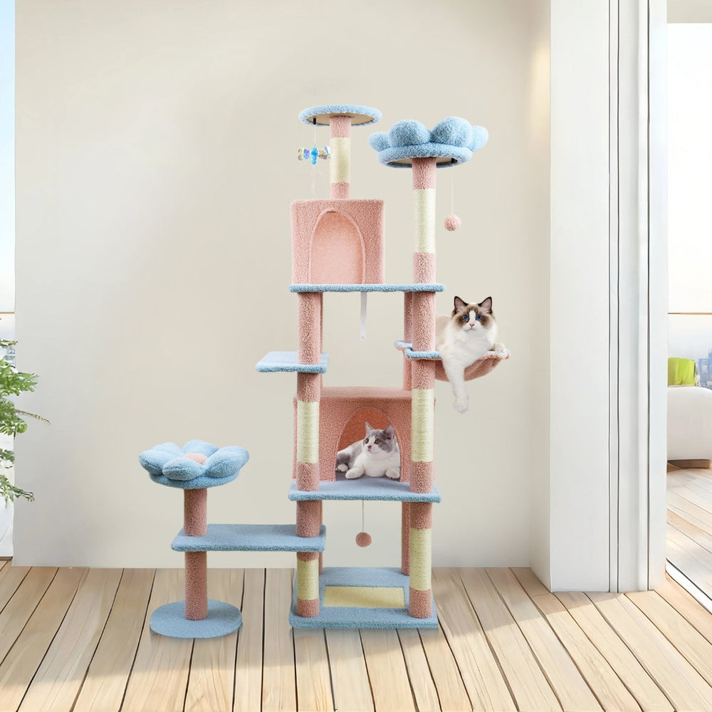 English Elm 71 Inch Floral Cat Tower with Condo Hammock Sisal Posts and Plush Perches for Large Breeds Blue W243P326628