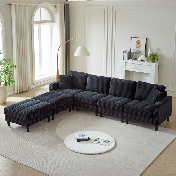 English Elm 122.5-Inch Oversized U-Shaped Modular Sofa Corduroy Sectional with Double Chaise, Ottoman, Pillows and Plastic Legs Black W1193S00121