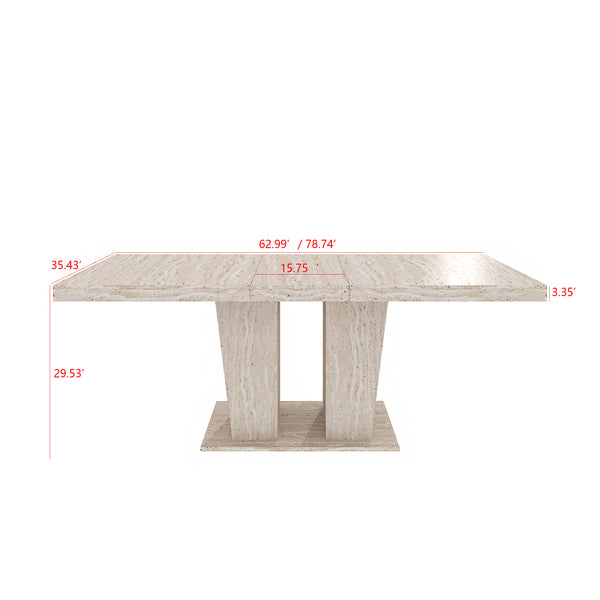 English Elm Rectangular extendable dining table with veined travertine top, beige MDF, sturdy wide feet, 6-10 seats W1347S00018