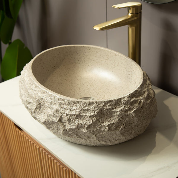 English Elm Luna 18" Bathroom Sink Irregular Oval Resin Vessel with Stone Pattern Artistic Durable Finish Beige W2615P346503