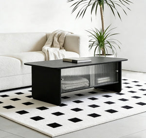 English Elm 47"rectangular Coffee Table Fluted Glass Sliding Doors Retro Wood Grain Living Room Storage Black W3935P408521