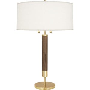 Robert Abbey Dexter Table Lamp Modern Brass Finish with Walnut Finished Wood Column Oyster Linen Shade