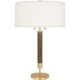 Robert Abbey Dexter Table Lamp Modern Brass Finish with Walnut Finished Wood Column Oyster Linen Shade