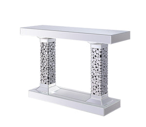 English Elm Lachina Mirrored Console Table with Faux Gem Inlay — Glam Silver Accent, Tempered Glass Top, Durable MDF Finish B2726S00032