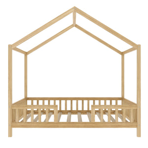 English Elm Montessori House Bed Frame Twin with Canopy & Full Guardrails, Cozy Kids Platform Bed for Toddlers Natural 81.5 L x 16 W x 6.6 H N733P356043M