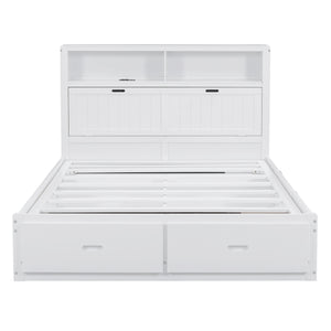 English Elm Wood Queen Size Hydraulic Platform Bed with LED Headboard, Charging Station, Hidden Storage Drawers and Shelves White GX000372AAK