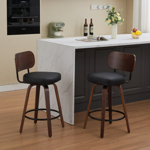 English Elm Swivel 26" Upholstered Counter Stools Set of 2 with Walnut Bentwood Back, PU Comfort Seat & Swivel Footrest Black W1143P300155