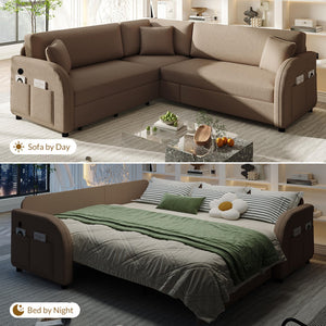 English Elm 85.1" Teddy Plush L-shaped Sectional Sleeper Sofa with Usb Ports and Pull Out Bed Brown W1885S00321