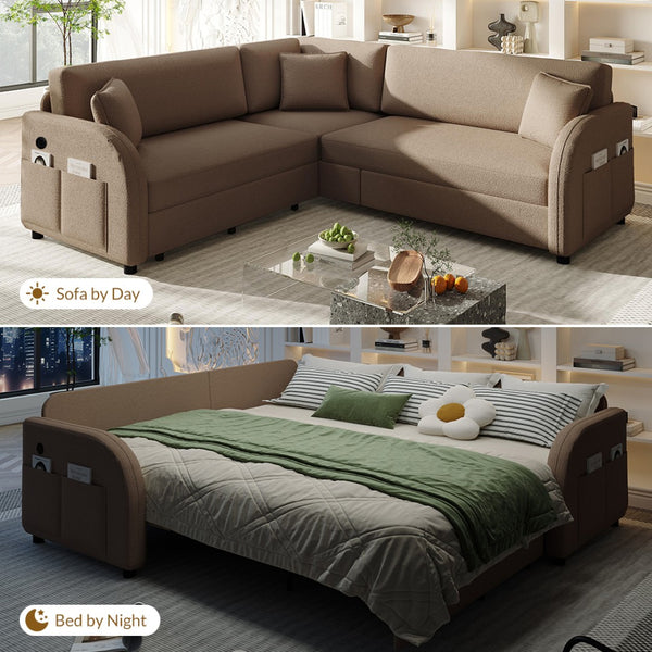 English Elm 85.1" Teddy Plush L-shaped Sectional Sleeper Sofa with Usb Ports and Pull Out Bed Brown W1885S00321