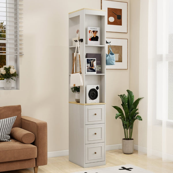 English Elm 73" Slim Tower Cabinet Antique White Mdf with Drawers Hooks and Display Shelves W1120P327084