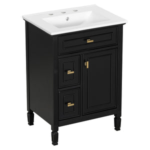 English Elm 24-Inch Bathroom Vanity with Sink, Solid Wood & MDF, Ceramic Top, Gold Handles, Flip Drawer Design Black N725P350824B