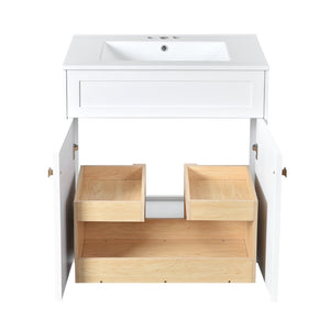 English Elm 30'' Bathroom Vanity With Ceramic Sink Combo - Modern Freestanding Cabinet, Gold Handles & Soft-Close Doors N710P194898K