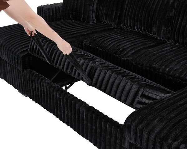 English Elm U U Shaped Sleeper Sofa with Pull-Out Bed and Hidden Chaise Storage, Plush Corduroy Comfort Black W1417S00136