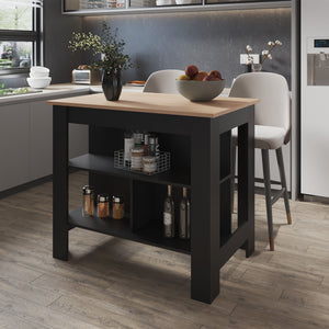 English Elm Aztec Melamine Kitchen Island with Open Storage, Light Pine & Black Finish, 3 Shelves, Compact Counter B128P227634