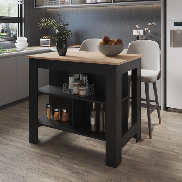 English Elm Aztec Melamine Kitchen Island with Open Storage, Light Pine & Black Finish, 3 Shelves, Compact Counter B128P227634