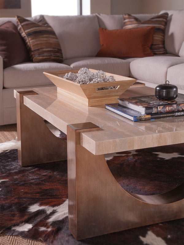 Lexington Artistica Home Impresario Stunning Rectangular Cocktail Table With Silver Travertine Top And Warm Silver Leaf Base Silver Leaf Wood 2060-945