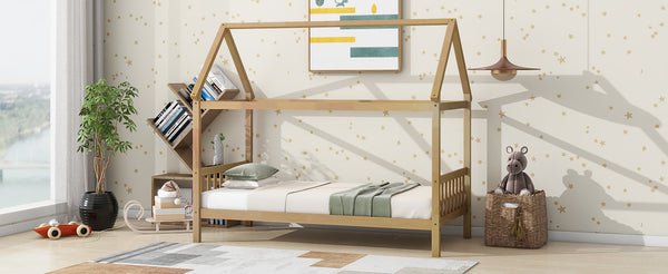 English Elm Twin House Bed with Headboard and Footboard — Space-Saving Rubberwood Frame, Playful Architectural Design White Oak W504P225961