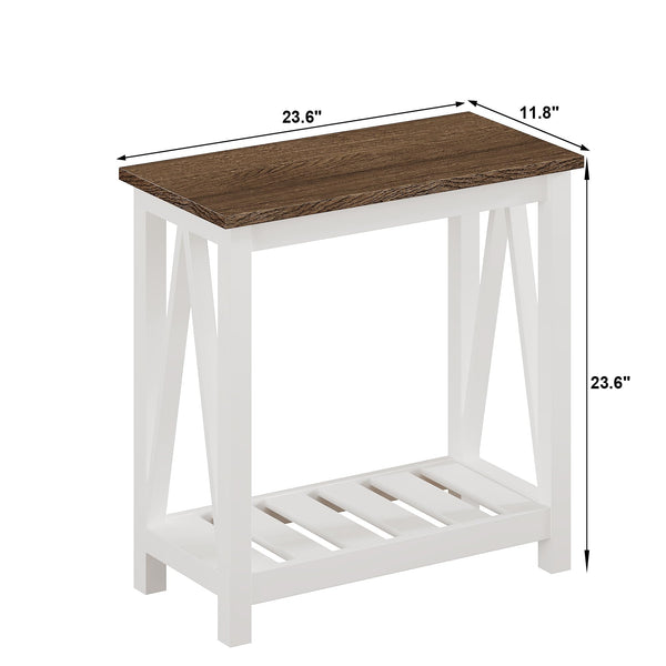 English Elm Farmhouse Narrow End Table with Storage Shelf, White & Light Oak Accent Side Table for Small Spaces T3771P357132
