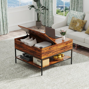 English Elm Farmhouse Flip Top Coffee Table With Hidden Storage – Rustic Wood & Metal Design For Stylish Living Rooms T2398P354184