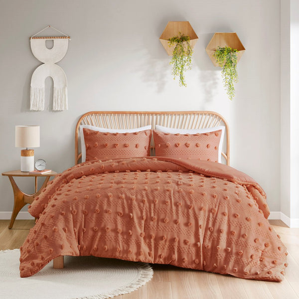 English Elm Twin/Twin Clip Jacquard Comforter Set with Pompom Texture, Hypoallergenic OEKO‑TEX, Antimicrobial Finish Rust 9.84 L x 18.9 W x 9.84 H B035P148306