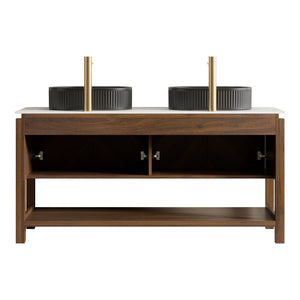 English Elm Dina 60 Inch Floating Bathroom Vanity Sintered Stone Top Dual Glass Basins Wood Grain W2615S00724