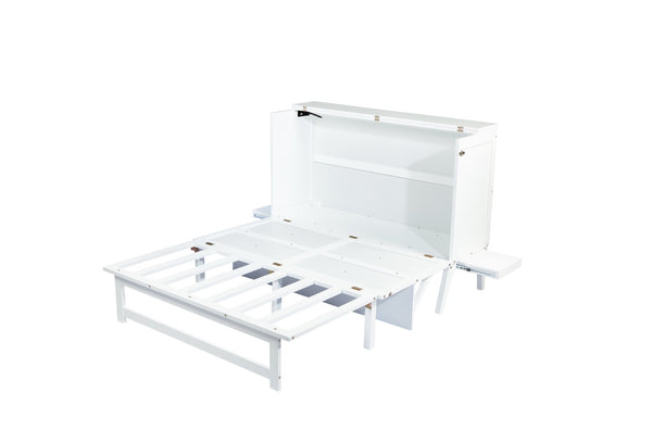 English Elm Queen Murphy Cabinet Bed Solid Pine Build with Usb Charging and Fold Out Desktop White W504S00168