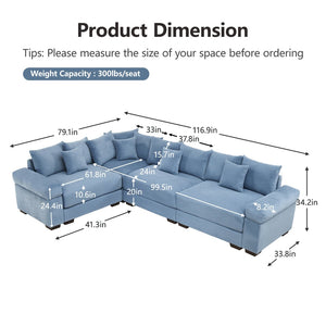 English Elm Oversized Modular Sectional Couch For Ultimate Comfort, Ergonomic Design, 13 Pillows, Easy Assembly, Blue W714S01358-GIGA