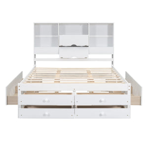 English Elm Queen Platform Bed with Built-In Headboard Storage and 8 Drawers, Solid Wood MDF, Sturdy Design White GX000453AAK