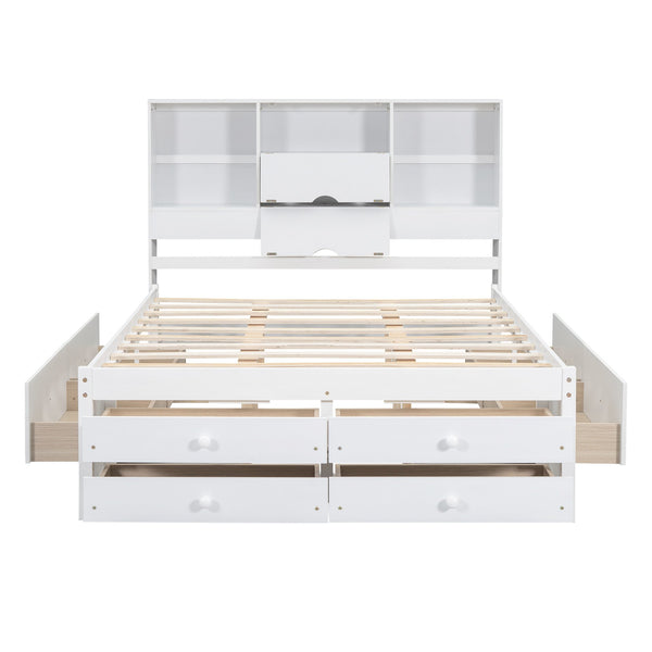 English Elm Queen Platform Bed with Built-In Headboard Storage and 8 Drawers, Solid Wood MDF, Sturdy Design White GX000453AAK