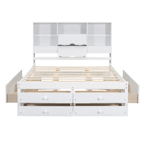 English Elm Queen Platform Bed Solid Pine Frame with Storage Headboard and Eight Organizer Drawers White GX000453AAK-1