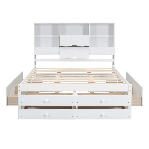 English Elm Queen Platform Bed Solid Pine Frame with Storage Headboard and Eight Organizer Drawers White GX000453AAK-1