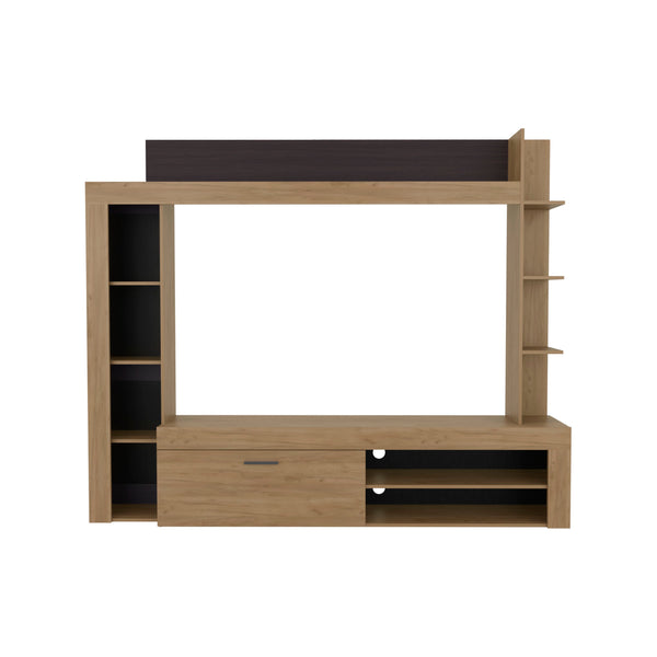 English Elm Natural Oak Elegant Entertainment Center with Shelves & Cabinets — Timeless Grain, Sturdy Storage Design B062P389892