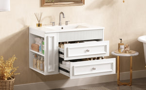 English Elm 30'' Wall Mounted Bathroom Vanity with Ceramic Sink, Floating MDF Cabinet, Soft-Close Drawers & Ample Storage White N710P334915K