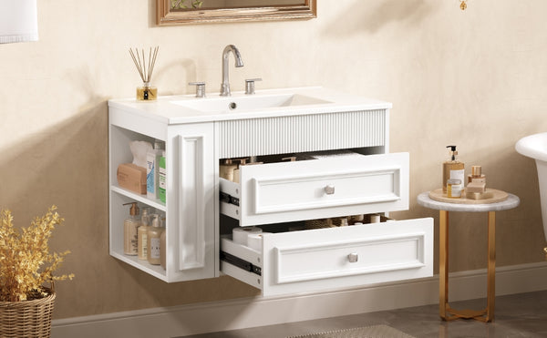 English Elm 30'' Wall Mounted Bathroom Vanity with Ceramic Sink, Floating MDF Cabinet, Soft-Close Drawers & Ample Storage White N710P334915K