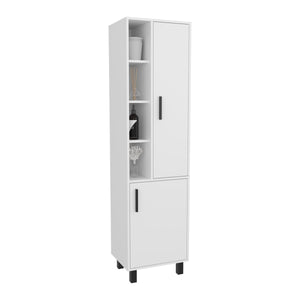 English Elm White Linen Cabinet with Chic Open Display, Dual Concealed Doors & Metal Legs for Modern Storage B062P323178