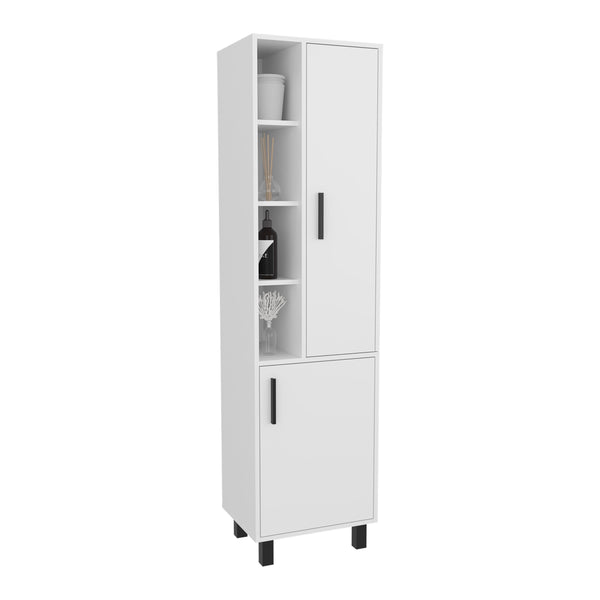 English Elm White Linen Cabinet with Chic Open Display, Dual Concealed Doors & Metal Legs for Modern Storage B062P323178