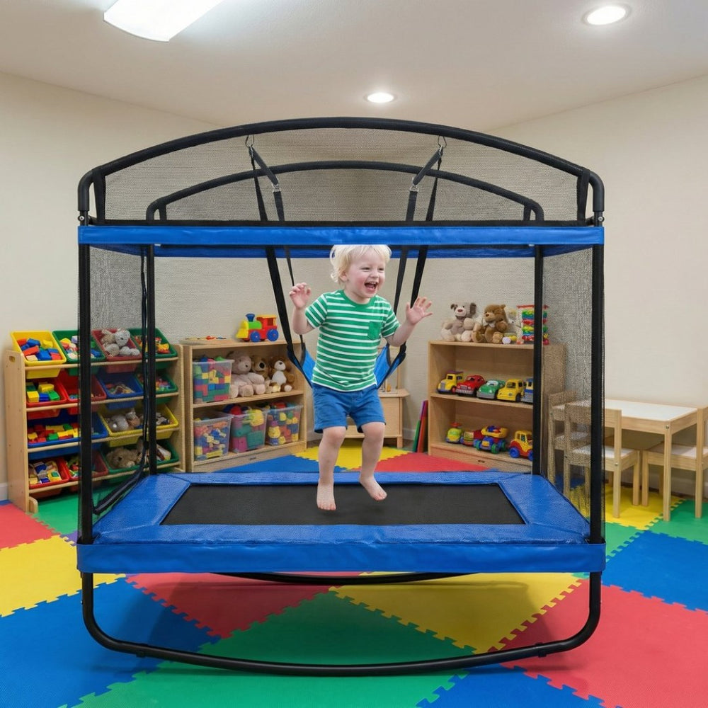 English Elm 4*6ft Outdoor Rectangular Kids Trampoline with Safety Net Swing and Climbing Bar W2071P320537