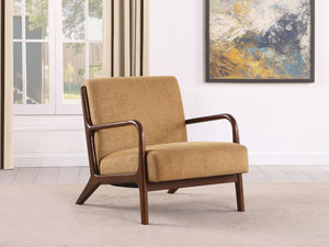 English Elm 1pc Mid-century Modern Accent Armchair with Curved Wood Frame, Soft Upholstery, Splayed Legs for Cozy Spaces Cappuccino,Honey 32 L x 31 W x 18.25 H B011P308535
