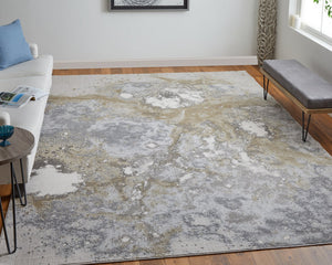 Feizy Rugs Astra Abstract Watercolor Rug – Elevate Your Space With Luxurious Metallic Designs And Soft Texture Gray,Gold,Ivory Polyester,Polypropylene Ara39l3fgrygldj00