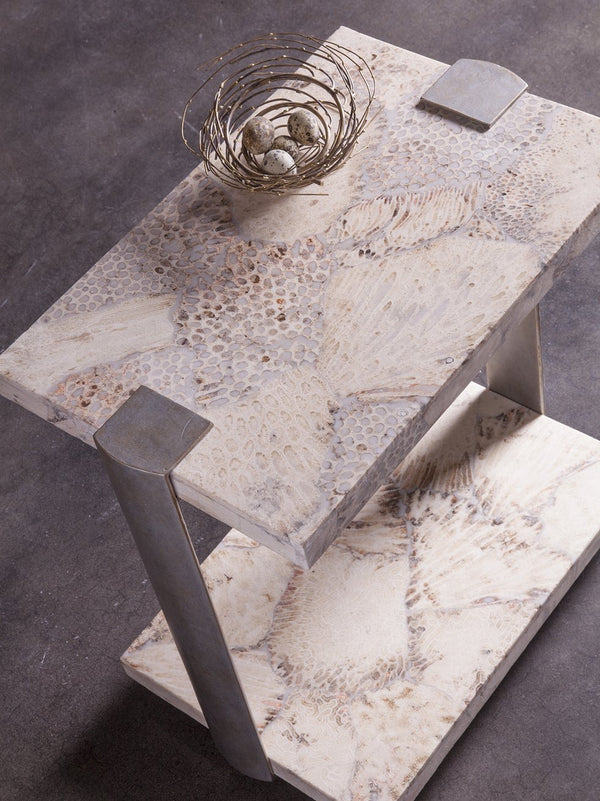 Lexington Artistica Home Corrina Spot Table - Hand-forged Iron Base With Unique Fossilized Coral Top For Stunning Decor Natural Iron Wood 2066-955