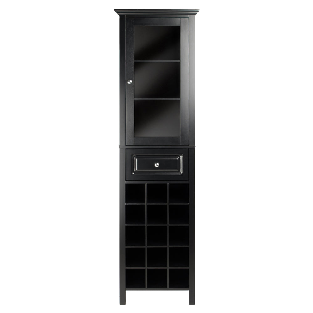 Winsome Wood Burgundy Wine Display Tower - Elegant Black Cabinet With 15 Slots, Glass Door, And Storage Drawer Black Composite Wood ,Glass 20667-winsome-wood