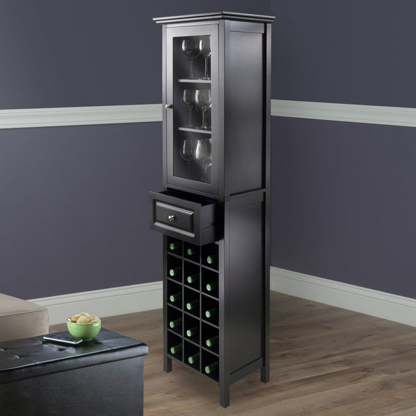 Winsome Wood Burgundy Wine Display Tower - Elegant Black Cabinet With 15 Slots, Glass Door, And Storage Drawer Black Composite Wood ,Glass 20667-winsome-wood