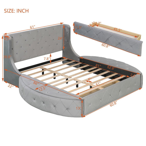 English Elm Upholstered Queen Platform Bed Velvet Wingback Frame with Storage Drawer and Side Stools Gray LP200815AAE