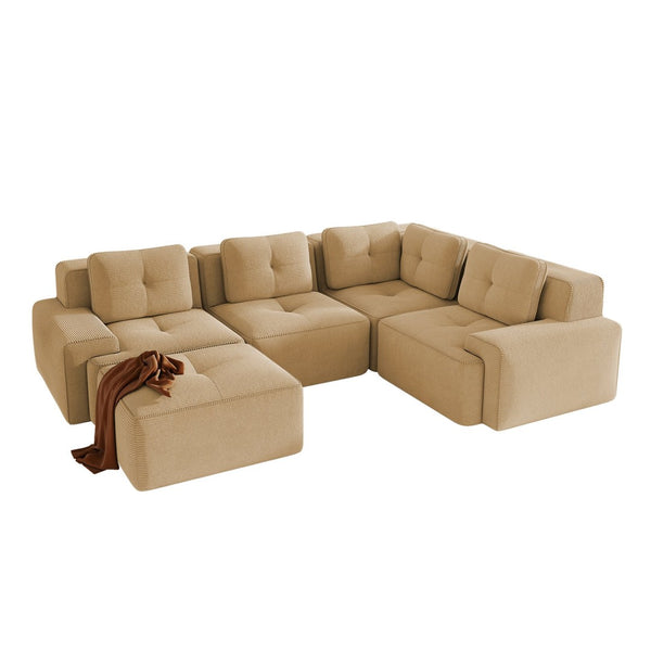 English Elm Modern Corduroy Sectional Sofa Deep Seat V Shape Tufted Couch with Movable Ottoman Camel W714S01588